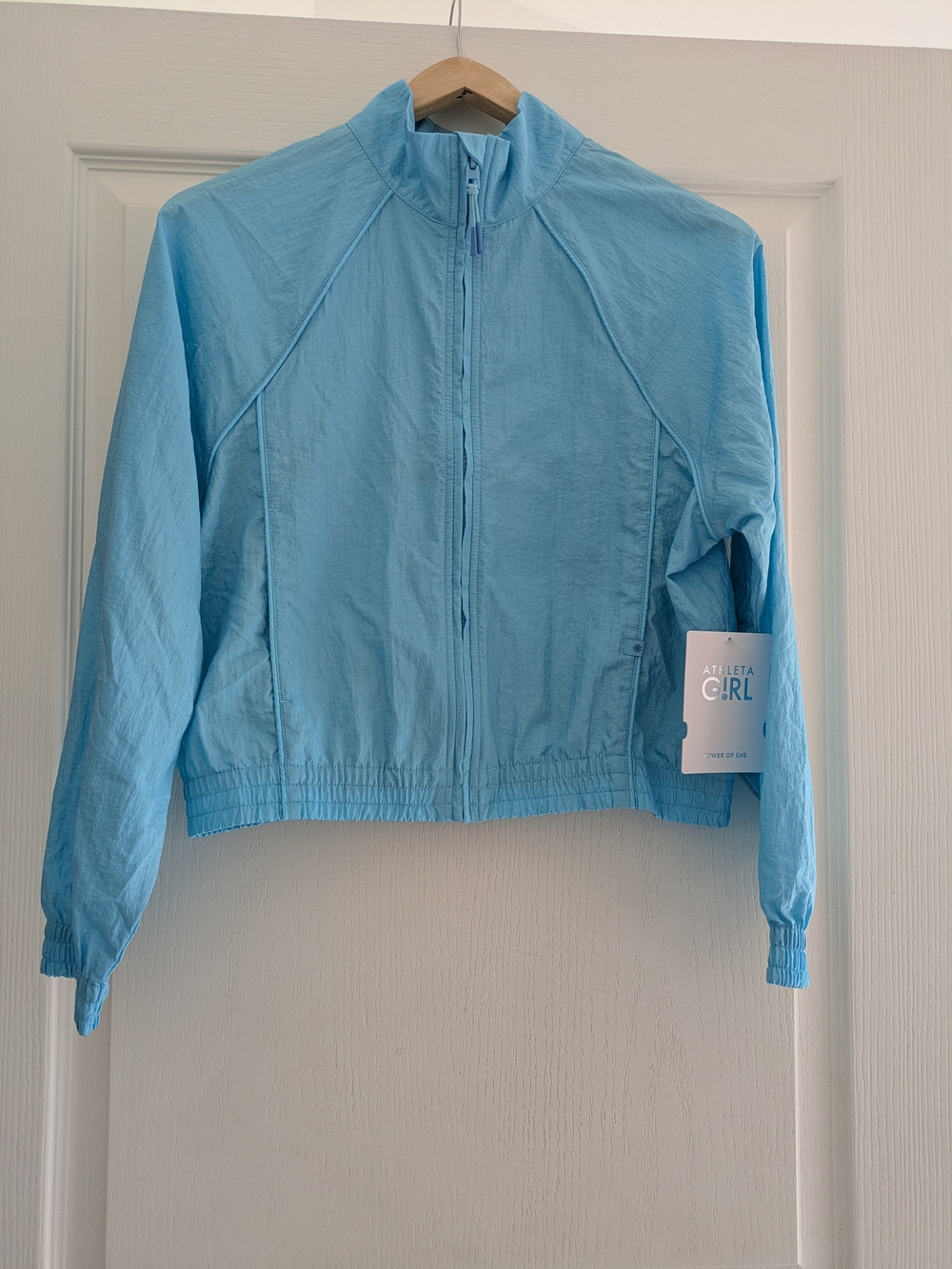 NWT Girls Athleta Sky Blue Lightweight Zip Bomber Jacket, Size Large